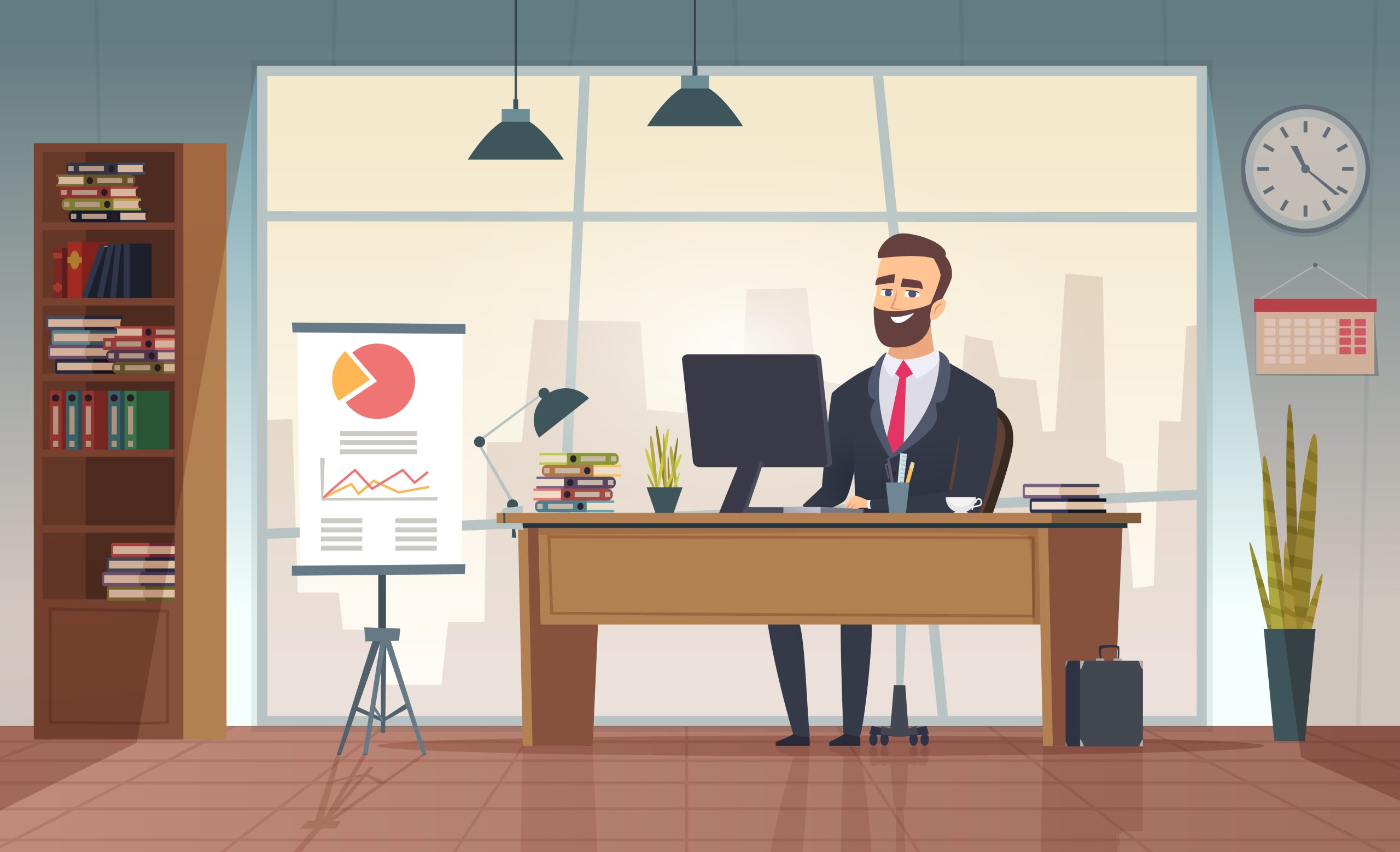 Илюстрация на костюмиран бизнесмен, работещ в офиса си